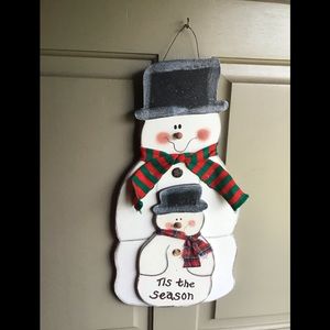 WOODEN SNOWMEN TIS THE SEASON HANGING SIGN FRONT DOOR WALL ART
